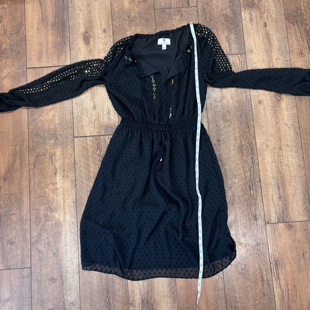 Altuzarra Long Sleeve Boho Beaded Black Sequined Swiss-Dot Chiffon Dress Size 6 - Picture 7 of 8